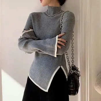 Нередовен вязаный топ, вязаный пуловер с висока воротом за жени, стилен топъл есенно-зимния пуловер с нередовни разрезным подолом, мек