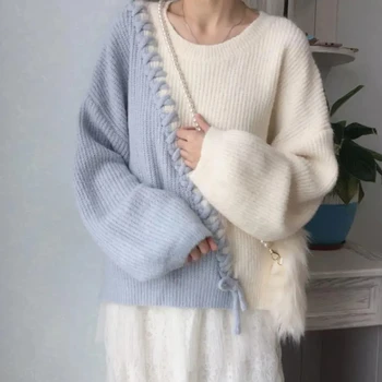 Корейски сладък контрастен вязаный пуловер в стил мозайка, пуловер с лък, елегантен пуловер за жени.