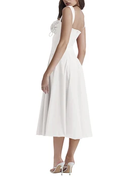 Женствена рокля Макси стил бохо с цветен модел, на спагети презрамки, с квадратни деколтета, с намаляване на А-силует, Лятна рокля Cottagecore с отворен гръб
