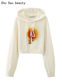 Chu Sau beauty 2023 Дамски есенна мода, Кратък пуловер с хубав цветен модел, вязаный на една кука, Сладък пуловер с качулка, шик жилетка с дълъг ръкав