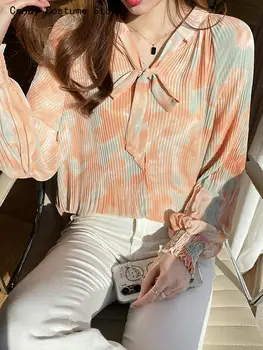 Свободна уютна риза с дълъг ръкав-фенерче, дамски плиссированная orange шифоновая риза, женска приказка пролетно-лятна риза-пеперуда дантела