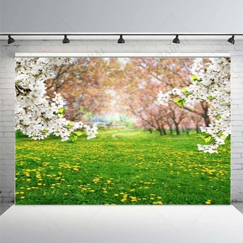 Пролетен пейзаж Фон за снимки Природна сцена Зелена поляна Цветя Красят стаята Аксесоари Винил плат Банер Плакат Щанд Подпори