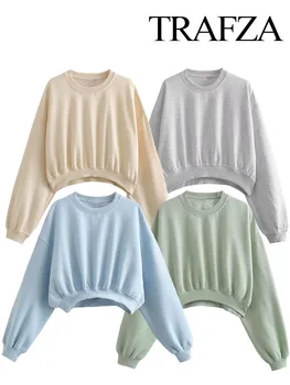 TRAFZA/ Дамски ежедневни свободни блузи с качулка, обикновена върхове с кръгло деколте и дълъг ръкав, нови есенни модни и стилни дамски пуловери, 4 цвята