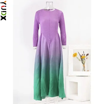 YUDX Miyake Градиентное плиссированное рокля с кръгло деколте в сгъвката на мода макси-рокли, дамски луксозна фестивал дрехи, новост пролетта 2024 г.