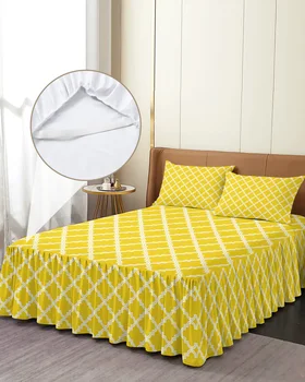 Пола в жълтата марокканскую геометрични клетка, Еластично дебнещ покривалото от наволочками, матрак цилиндър, Комплект спално бельо, чаршаф