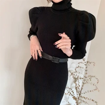 Черни рокли-скок с високо воротом, Зимни Дебели Дамски Плетени рокли, с Нова рокля-пуловер, Женски однотонное Топло Ежедневното Корейска рокля 2022 г.