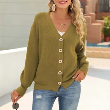 Жена случайни пуловер с V-образно деколте и дълъг ръкав, модерен монофонични жилетка, яке