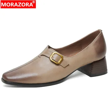 MORAZORA 2023 Нови обувки-лодка в средно на квадратен ток с катарама, реколта дамски обувки от овча кожа, пролетни дамски модел обувки без закопчалка