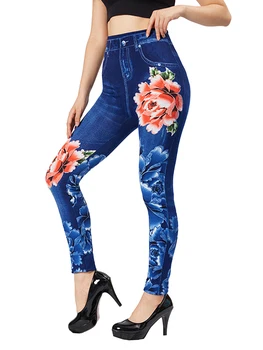 CUHAKCI Синьо-червен Цветен принт, джобове, Дънки, Стрейчевые режийни джеггинсы, дамски Панталони гамаши, имитация на деним панталони големи размери.