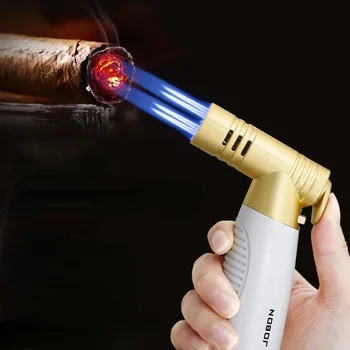 Нова Метална четырехжиговая Настолна запалка с директно впръскване Blue Flame за пури с директно впръскване, Ветрозащитная Специална запалка за пистолет-пръскачка