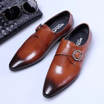 Мъжки модел обувки с каишка и катарама на големия размер, работни обувки с остри пръсти, выцветающая обувки за кариера.