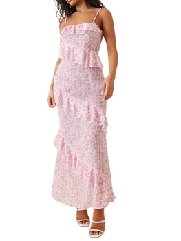 Елегантна женствена рокля с открити рамене, рюшами и атласным каишка-Спагети без ръкави, Однотонное, Дълго
