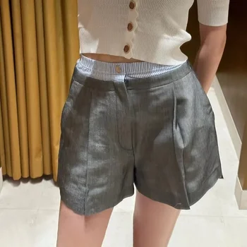 Дамски шорти на райета с висока талия и широки штанинами на една пуговице, къси панталони за всеки ден
