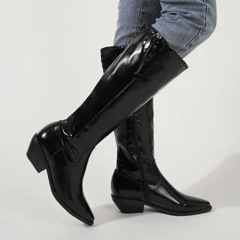 Реколта Модни обувки на квадратен ток с остър пръсти, черни обувки Секси Babes, фини Класически Универсални Престрелки обувки на съвсем малък
