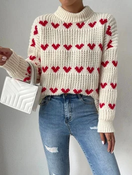 Жена сладък пуловер с дълъг ръкав Свободно, намаляване, жаккардовый пуловер с имитация на вратата във формата на сърце, трикотажни блузи, модни всеки ден пролет-есен