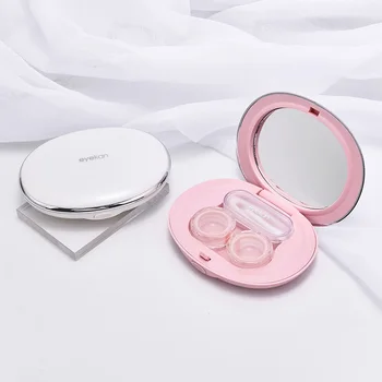 Ултра тънък розов калъф за контактни лещи с огледало, косметичка за контакти, тънък калъф за пътуване за контактни лещи