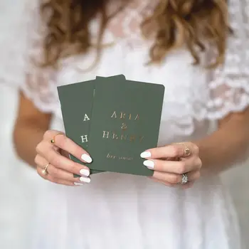 Зелени книги сватбени клетви, комплект от 2 броя, Книги клетви във фолио, Персонализирани брошури сватбени клетви, фолио от истинско розово злато