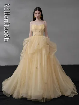 Нови жълти буйни рокля, вечерна рокля, луксозна бална рокля класическата рокля на спагети презрамки за бала
