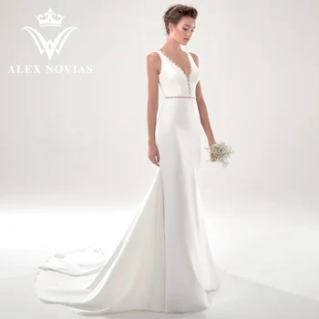 Сватбена рокля Русалка ALEX NOVIAS 2023, сватбената рокля на спагети презрамки с V-образно деколте и с отворен гръб, с индивидуални размери, Vestidos Novias De Saten