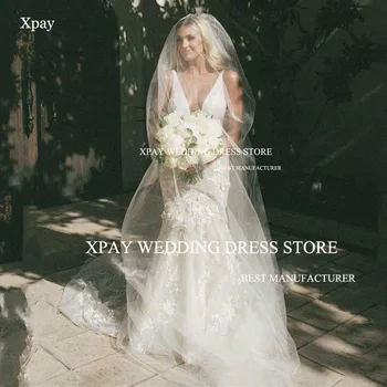 XPAY Секси сватбени рокли на Русалка с дълбоко V-образно деколте на спагети презрамки и кружевными апликации Сватбена рокля по поръчка Сватбена рокля без ръкави с отворен гръб