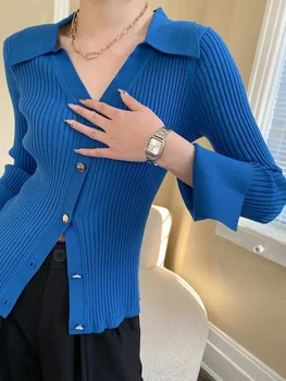 Вязаный жилетка Klein Blue за жени с V-образно деколте, Елегантен Темперамент, оборудвана отгоре с дълги ръкави, однобортный жена с жилетка от еднакво тъкан