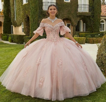 Пищни рокля EVLAST Princess Pink Sage С Аппликацией под формата на Флората, Дантела и Мъниста, Подвижни Ръкав, Блестящ Тюл, Vestidos De XV Años TQD105