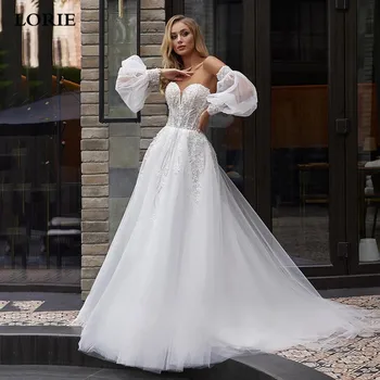 Дантелени сватбени рокли LORIE с пищни ръкави, с Плажна рокля на булката с перли на шията, сватбени рокли 2023