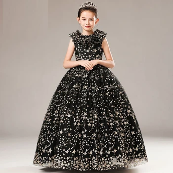 Детско парти рокля с цветя модел за момичета 2023, Нов модел принцеса, етап костюми за подиум, Черен