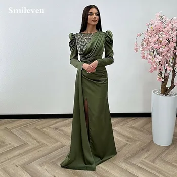 Рокли за бала Smileven трапецовидна форма, с дълъг ръкав, вечерна рокля с блестящи мъниста, Атласное вечерна рокля знаменитост в арабски стил с цепка отстрани