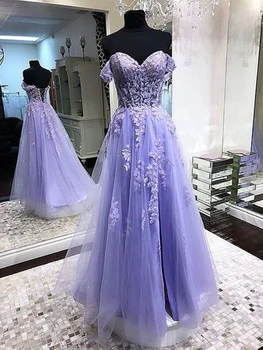Ashely Alsa Елегантна лилава вечерна рокля с открити рамене, корсет с дантела аппликацией, рокля за официални събития трапецовидна форма, облекло за сватбеното парти