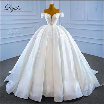 Пола Liyuke с рюшами, гънки, Атласное сватбена рокля с открити рамене, перли булчинска рокля с V-образно деколте