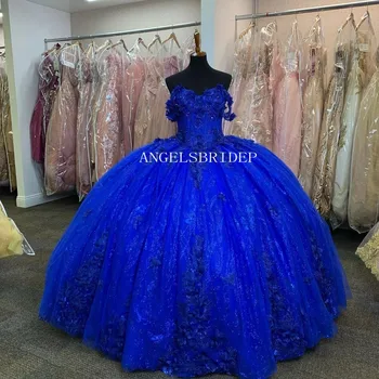 Angelsbridep Кралско Синьо Бална рокля с 3D Цветя На 15-Годишни Буйни Рокли на Знаменитости На Рожден Ден Vestido De 15 Anos 2023