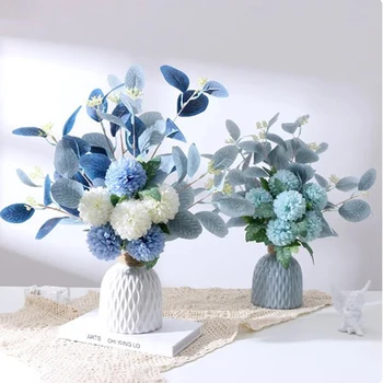 Бели изкуствени цветя, синьо букет, хортензия, изкуствени цветя, хризантема, копринени цветя, изкуствени цветя за украса, цветя 2023