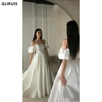 Изискана булчинска рокля с открити рамене 2022, Буйни сатен рокля с А-силует с отворен гръб за жени, сватбената рокля Robe De Mariage, Сватбена рокля