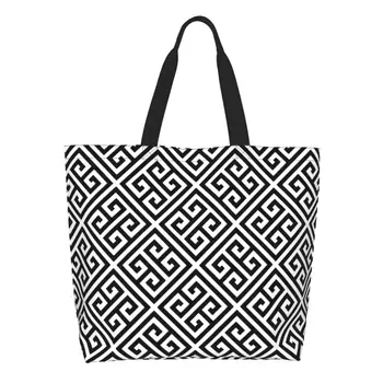 Гръцки меандър, черно-бял дизайн, чантата за пазаруване, холщовая чанта за пазаруване, чанта през рамо, по-голямата голям моющаяся чанта