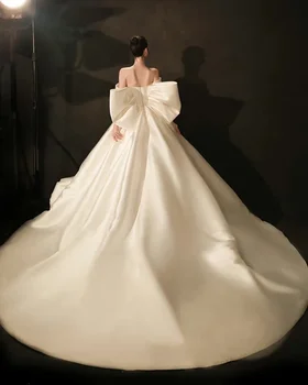 Луксозна сватбена рокля трапецовидна форма, висококачествен сатен, панделка, голям лък, булчинска рокля с открити рамене, - Секси елегантна рокля за момичета