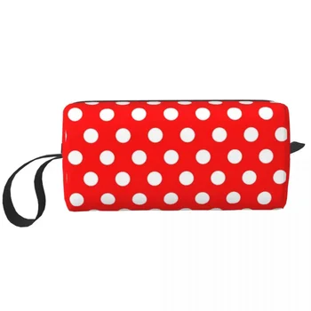 Модерен класически пътна чанта в червено и бяло грах за жени, косметичка за грим, комплект за съхранение на козметиката
