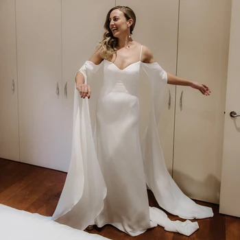 Сатен сватба на спагети презрамки 2021, дълги ръкави, струята с колан, истинска снимка, прости сватбени рокли-калъфи, големи размери