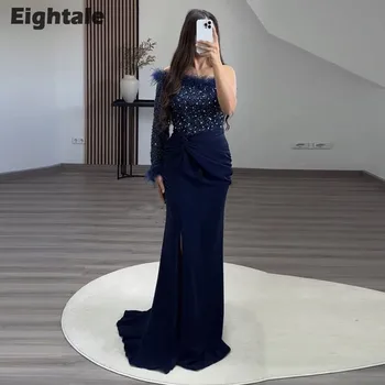 Луксозна вечерна рокля Eightale Тъмно син цвят с блестящи пера, Русалка, с дълъг ръкав, Арабско луксозна сватбена рокля за бала