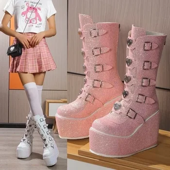 Дамски ботуши в стил пънк с пайети, дамски високи ботуши за cosplay, Удобни обувки с дълги ръкави, Розови Дамски обувки на платформа и висок танкетке, готически обувки