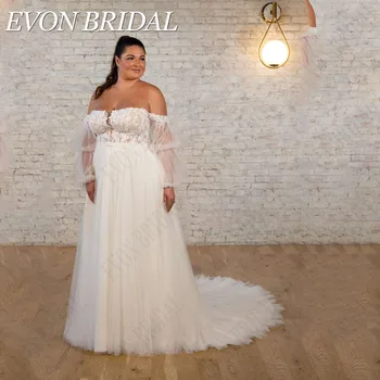 Елегантни сватбени рокли EVON BRIDAL, големи размери, буйни ръкави във формата на сърце, рокли за булката, апликация от тюл трапецовидна форма, vestidos novias boda