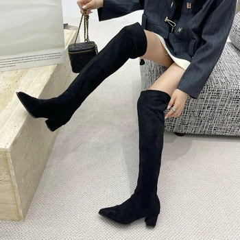 Ботуши над коляното Дамски Дълги ботуши на ниски масивна ток Есен Зима Черни обувки на висок ток, Bote Femme Hiver