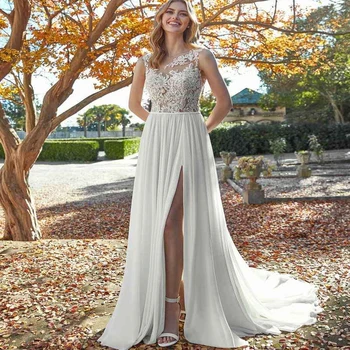 Класически булчински рокли Благородна пола с цепка, Красива апликация, струята, без ръкави, Отворена върти, сватбената рокля 2023 година на издаване