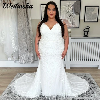 Сватбени рокли Weilinsha големи размери, булчинска рокля с V-образно деколте и с влак, сватбени рокли с копчета отзад, висококачествено Женствена рокля 2024 г.