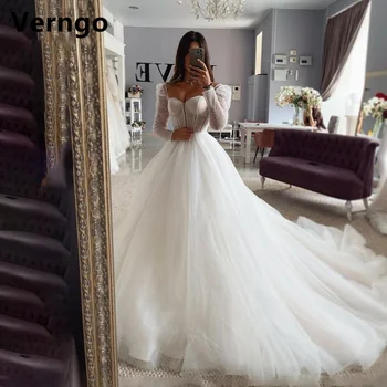 Вечерна рокля на принцеса с дълги буйни ръкави Verngo, расшитое с пайети, за сватби, рокли за абитуриентски бал трапецовидна форма, сватбени рокли с шнур под формата на сърце, за специални случаи