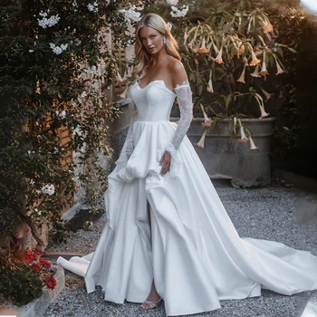 Луксозни сатенени къдри с V-образно деколте, сватбени рокли трапецовидна форма с цепка отстрани, ушити по поръчка 2024 Vestido De Noival