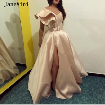 JaneVini 2020, дълги вечерни рокли в арабски стил с къдри на едно рамо, трапециевидное секси вечерна рокля цвят шампанско с висока цепка от сатен