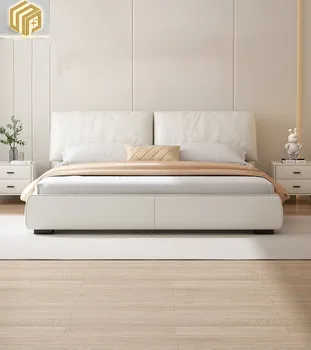 Висококачествена светла луксозна модерна минималистичная кожено легло, мека чанта за съхранение на спалня, двойно легло кремав цвят