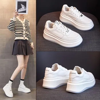 Малки бели обувки; Новост есента 2023 г.; обувки с дебели подметки; спортни и ежедневни универсална дамски обувки; обикновена обувки.