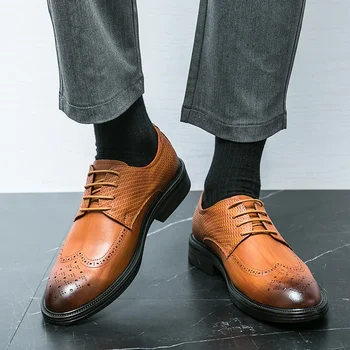 Обувки за мъже 2023, Нова мъжки кожени обувки с кръгло бомбе в британския стил, Луксозно бизнес кожени обувки с ниски берцем, мъжки модел обувки
